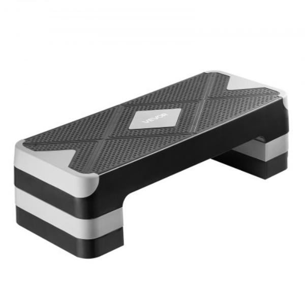 Aerobic Exercise Step Platform  28 in Workout Aerobic Stepper  Height Adjustable Fitness Training Step Deck Trainer with 4 Risers  Gray