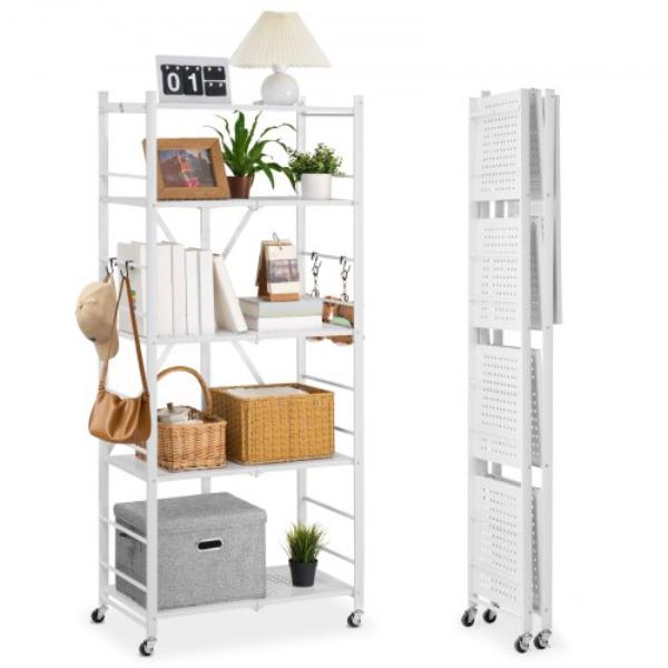 YDKZDHJBS5C1O7EZW001V0 5-Tier Foldable Storage Shelf - 28 x 15 x 64 in. Folding Metal Rack Shelving Unit - No Assembly Organizer Shelf - White
