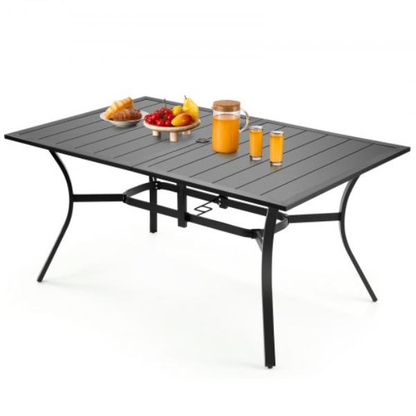 LTCZKS1TYFGHLP7BO001V0 Outdoor Patio Dining Table - 59 in. Long Rectangular Metal Steel Slat Bistro Table for 4-6 with 1.5 in. Umbrella Hole - Black