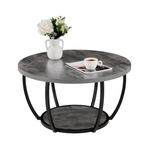Coffee Table - Modern Round Coffee Table - 2 Tiers Wooden Circle Center Desk with Open Storage for Living Room - Office - Easy Assembly - Grey