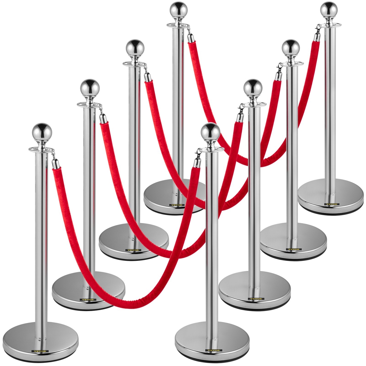 GLZYSQTHRS8JT0001V0 Crowd Control Stanchion, Stanchion Set, Stanchion Set with 5 ft. & 1.5 m Red Velvet Rope - Set of 8