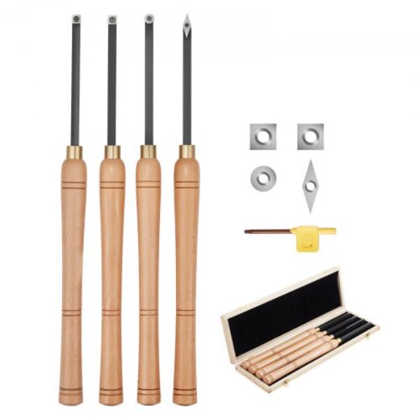 Wood Lathe Turning Tool Set with Carbide Inserts, Roughing, Finishing & Hollow Tools - Wooden Handles & Storage Box - 4 Piece