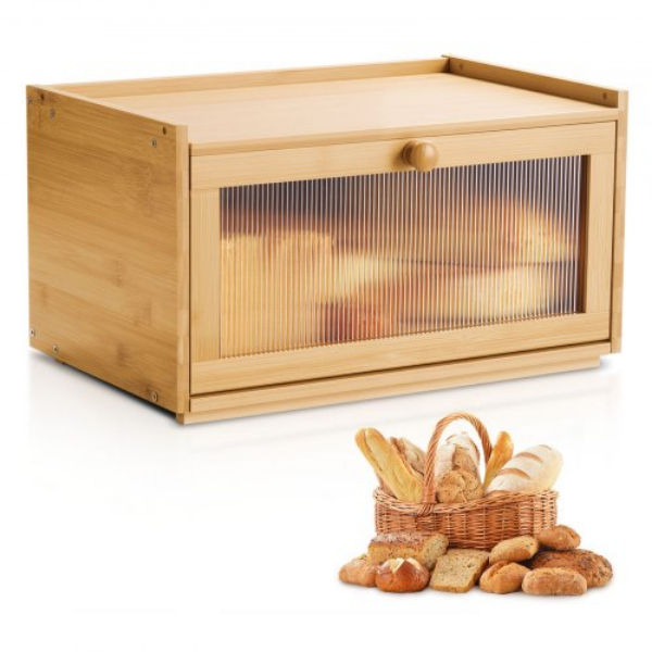 CWJLXZMJXDCY6269C001V0 Farmhouse Wooden Bamboo Bread Storage Container with Acrylic Wavy Door Panel, Natural - Large Capacity