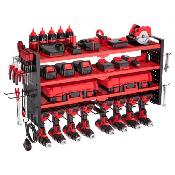 DDGJJTZGBK4CAJ8LT002V0 Power Tool Organizer Wall Mount - 4-Layer Storage Rack with 8 Drill Holders - Garage Tool Organizer - Matte Bright Red