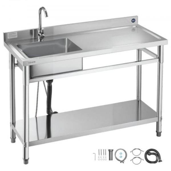 Picture of Vevor DSCDGZT120CMN8UVM001V0 Stainless Steel Utility Sink - Free Standing Single Bowl Commercial Kitchen Sink with Faucet - Utility Right Basin Workbench - 47 x 19.7 x 37 in.