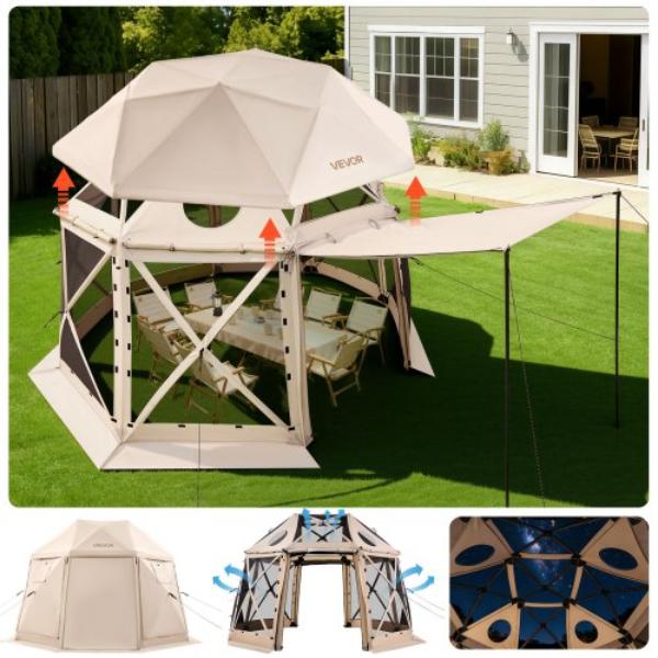 Pop up Gazebo Screen Tent - 12 x 12 ft. - 13-Sided Spherical Camping Canopy Tent with Removable Top & Carry Bag for 8-10 Persons - Beige