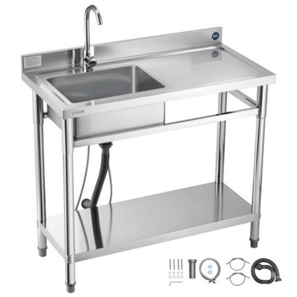 Picture of Vevor DSCDGZT100CMV3J56001V0 Stainless Steel Utility Sink - Free Standing Single Bowl Commercial Kitchen Sink with Faucet - 39.4 x 19.7 x 37 in. - Utility Right Basin with Hot & Cold Water Pipe