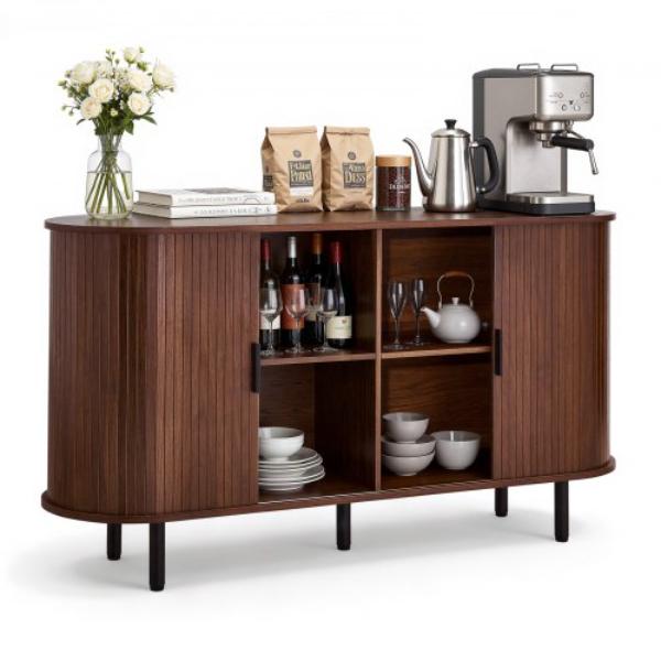 Coffee Bar Cabinet - Mid Century Fluted Coffee Bar Table - Buffet Stand Cabinet with 2 Sliding Doors - 55.1 x 15.7 x 29.5 in. - Walnut