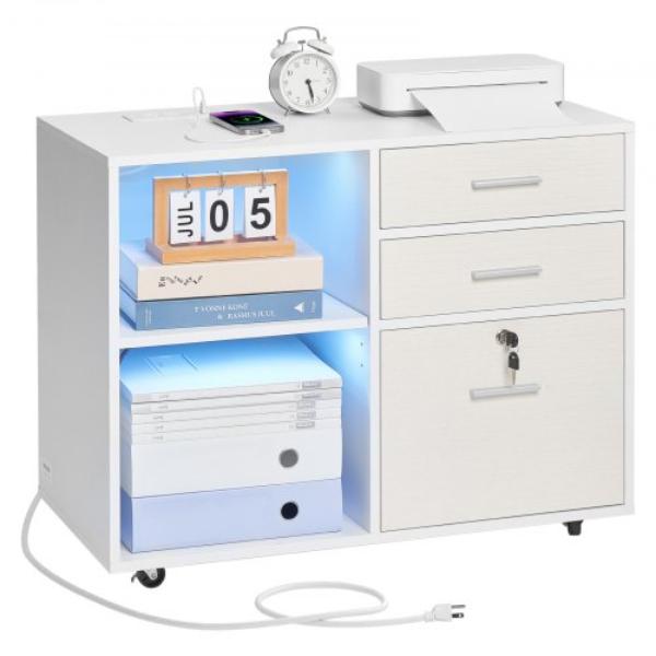 MZHXWJJDDBHB1NWJK001V1 3 Drawer Wooden File Cabinet - Mobile Filing Cabinet with Light Strip - Lockable Rolling File Storage - White