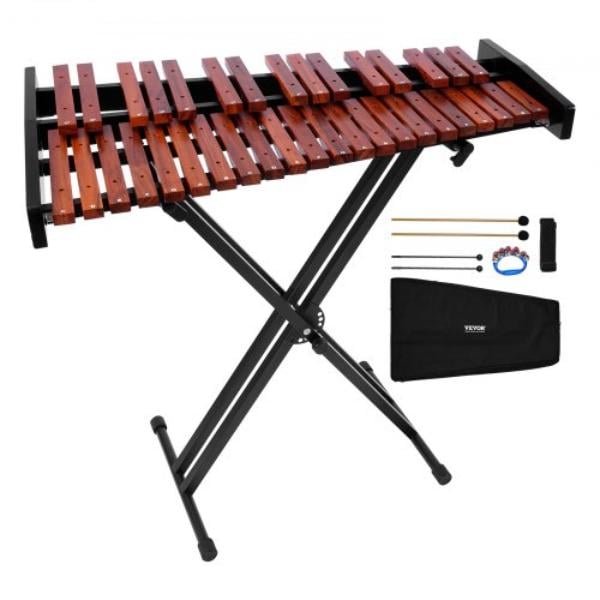 37-Note Glockenspiel Xylophone with Adjustable Stand, 4 Mallets & Carrying Bag, Wooden Percussion Instrument Kit for Kids & Adults