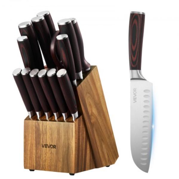 YDZCFDJTZ15B1XCPO001V0 Kitchen Knife Set with Block & Sharpener - High Carbon Stainless Steel Knife Set with Ergonomic Handle - 15 Piece