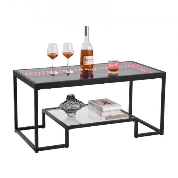 JSKFZKFSSNJS7YG2I001V9 Coffee Table - Modern Tempered Glass Coffee Table with Lighting - 2 Tiers Rectangle Glass Center Desk with Open Storage