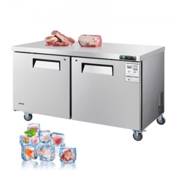 Picture of Vevor GZTBX60INCHL8L0SI001V1 60 in. Commercial Freezer - 14.8 cu. ft. Worktop Freezers Undercounter with LED Auto Lighting & Lockable Door - 2 Doors Food Freezing Prep Worktable