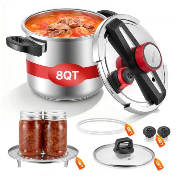 Picture of Vevor LZYLGBXGSBSKT7MGJ001V0 8 qt. Pressure Cooker - Stainless Steel - Pressure Canner with Steaming Rack - Tempered Glass Lid - Three Pressure Settings - Cook up to 100 KPA