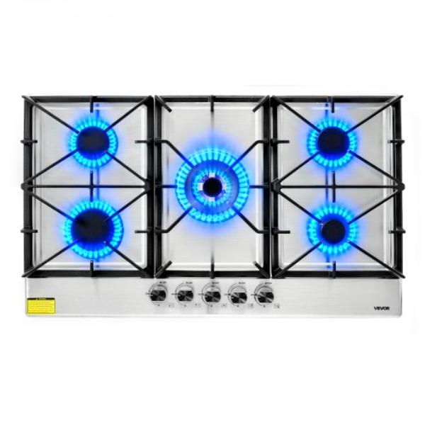Picture of Vevor SYTMRQZTQRS3YQSJM001V1 36 in. Gas Cooktop - 5 Burners, 38300 BTU - Stainless Steel - LPG & Natural Gas with Dual-Ring Burner