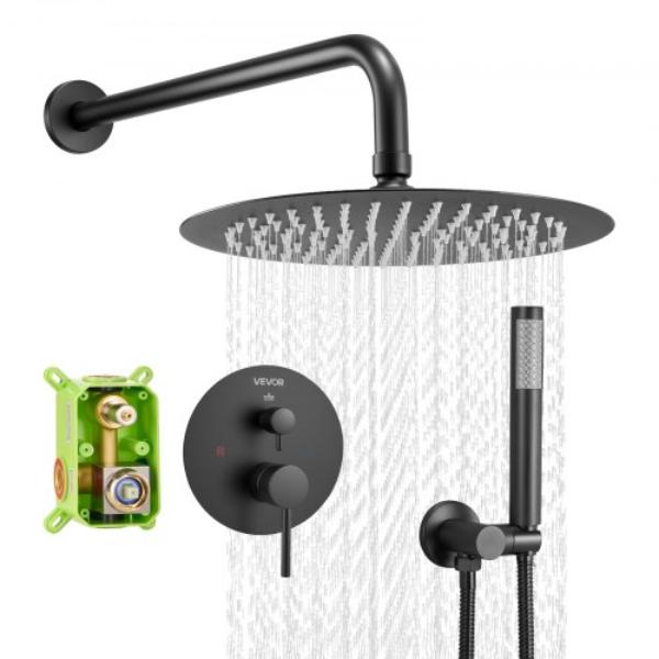 Shower Faucet Set - Rainfall Bathroom Shower System - 10 in. Round Rain Shower Head - Handheld Spray - Wall Mounted - Matte Black