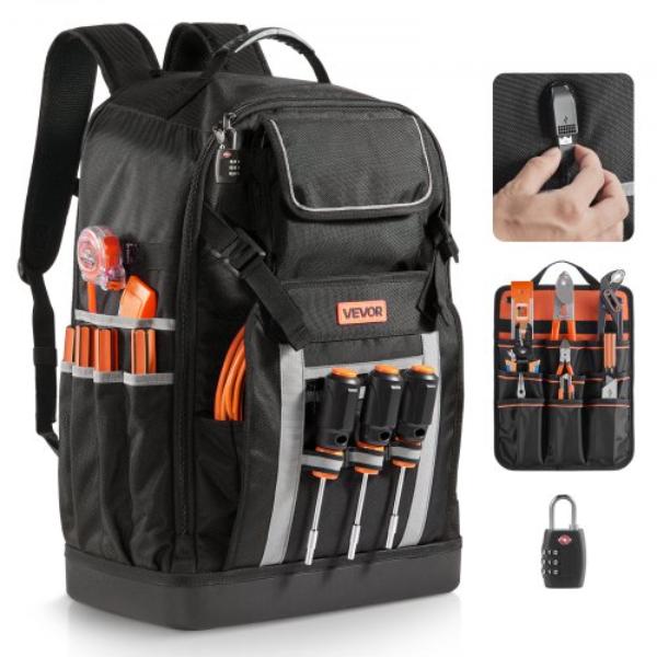 Tool Backpack - 56 Pockets - Heavy-Duty Tools Storage Organizer Bags - Electrician Jobsite Backpack - Black Gray & Black Orange