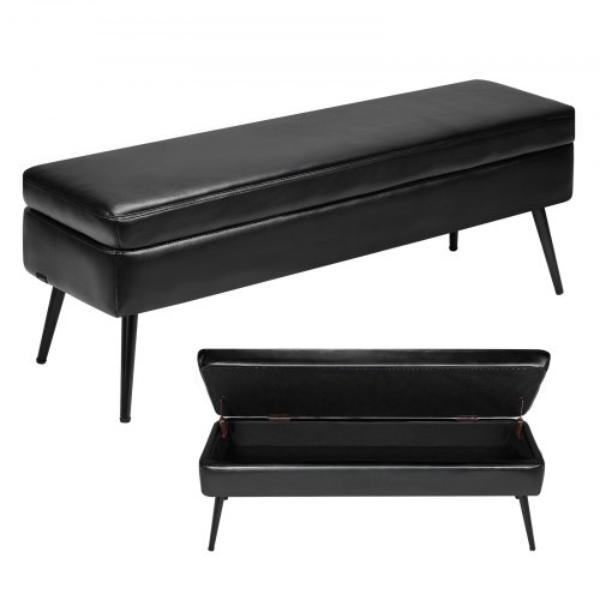 Leather Storage Ottoman Bench - PU Leather Bench with Storage & Metal Legs - Modern Shoe Benches Seat for Entryway - Upholstered End of Bed Benches