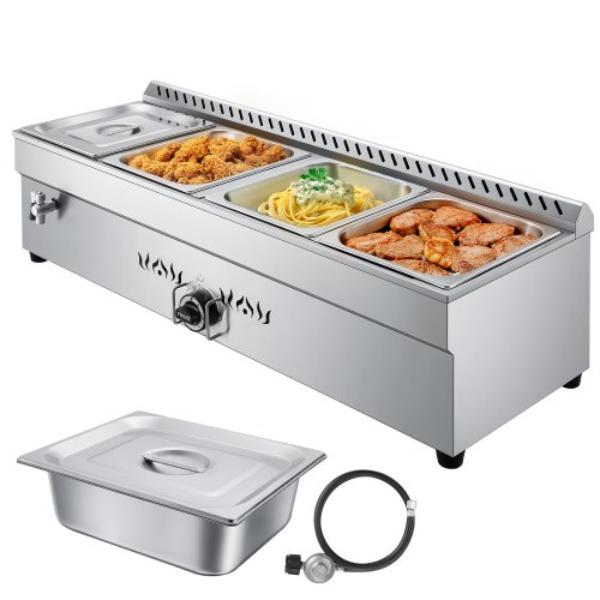 Picture of Vevor RQZQZTMKZTKZB3R23001V0 4-Pan Commercial Propane Steam Table - Liquid Propane Gas Outdoor Soup Warmer - Stainless Steel Food Warmer with Adjustable Temperature
