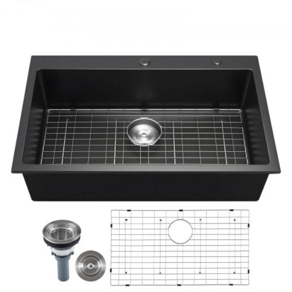 Picture of Vevor HGYCFSCTSPDC34FVJ001V0 33 in. Kitchen Sink Workstation - Top Mount Granite Sinks - Drop-In Single Bowl Farmhouse Basin - Black