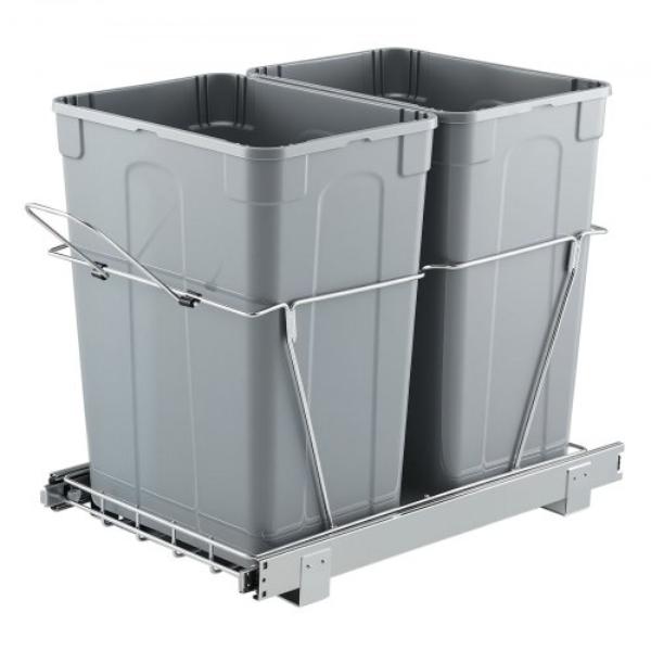35 qt. Double Pull-Out Trash Can for Kitchen Cabinets, Under-Sink Waste & Recycling Bin with Heavy-Duty Full-Extension Metal Slides & Handle