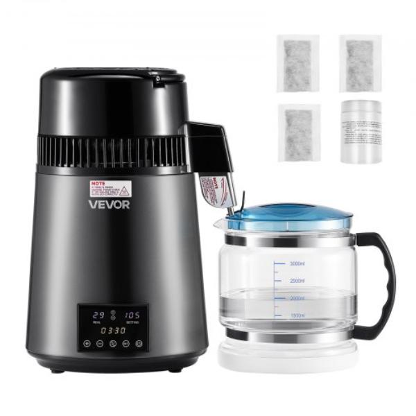 Picture of Vevor ICKZBXGZLSJZFYP0Q001V1 Water Distiller - 4 Liter 1.1 gal Pure Water Purifier Filter - 750W Distilled Maker - Glass Pot - Stainless Steel Interior - Grey