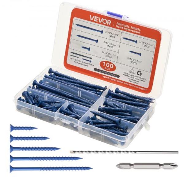 0.187 in. Concrete Screws - 5 Different Lengths - Phillips Head - Masonry Screws with Drill Bits - Carbon Steel with Blue Coating - 100 Piece