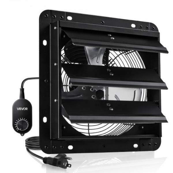 10 in. Shutter Exhaust Fan - Wall Mounted Attic Vent Fan - Variable Speed Controller - 900 CFM - AC Motor - Heavy-duty Steel - Low Noise - Black