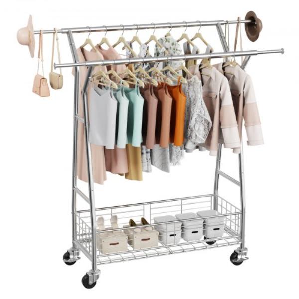 Rolling Clothing Rack - 2 Hanging Rods - Storage Basket - 330 lbs - Extendable Carbon Steel - Wheels for Bedroom - Laundry - Living Room