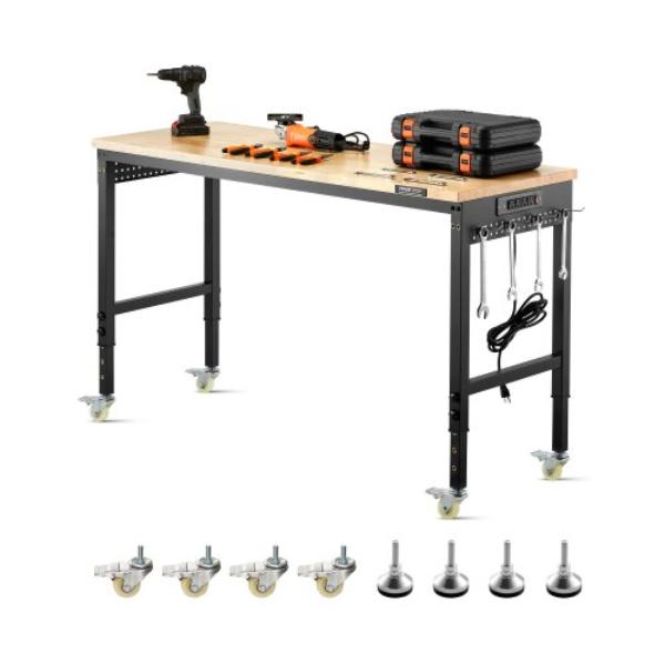 60 in. Adjustable Workbench - 2000 lbs Load - Heavy Duty Oak Wood Top Work Table with Power Outlet - Wheels & Pegboard for Garage - Office & Home