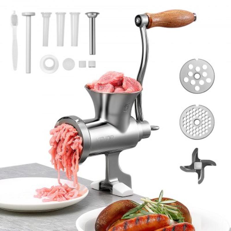 Picture of Vevor ZJSSDJRJBXG5ARS59001V0 Manual Meat Grinder - 304 Stainless Steel Hand Crank Meat Mincer with Steel Table Clamp - Sausage Stuffer with 2 Cutting Plates & 4 Sausage Tubes