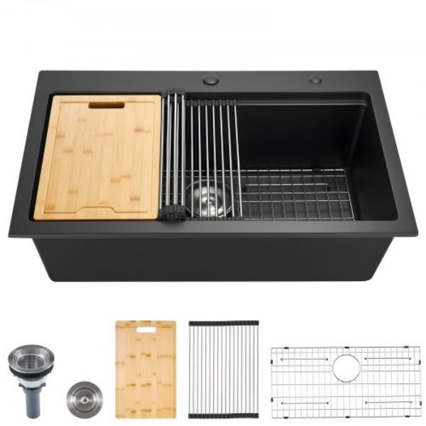 HGYCFSCTSPDCGKNV4001V0 Kitchen Sink Workstation - 33 in. Top Mount Granite Drop-In Single Bowl Farmhouse Basin - Black