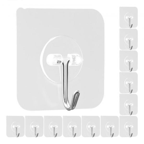 Adhesive Hooks - Self-Adhesive Towel Coat Hooks - Heavy-Duty Wall Hook Hold 15 lbs - Stainless Steel Sticky Hanger - Transparent - Pack of 12
