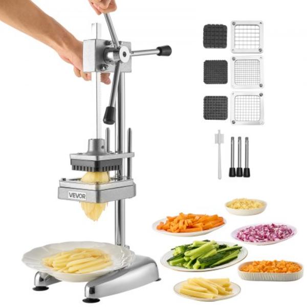 Picture of Vevor GGSSDQTJ3J122SDRF001V0 Commercial French Fry Cutter - Stainless Steel Vegetable Fruit Chopper with 3 Replacement Blades 0.5, 0.375 & 0.25 in. - Manual Potato Slicer Dicer
