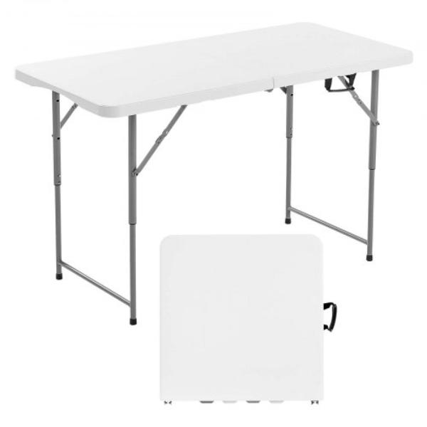 Folding Table - 4 ft. Heavy Duty Portable Fold-in-Half Utility Table - Indoor & Outdoor Plastic Rectangle Table - Adjustable Height - White