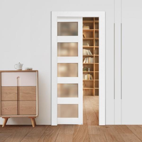 36 x 80 in. Sliding Pocket Door - 5-Lite Frosted Glass Single Door with Hardware Kit - Sturdy Solid Wood & MDF - Waterproof Surface