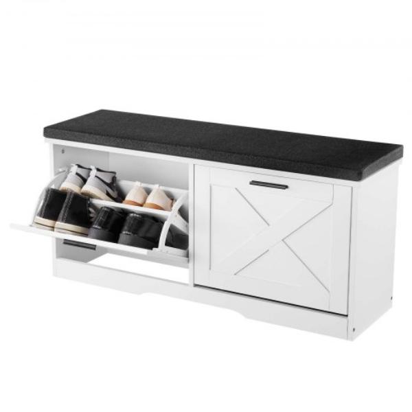 Entryway Shoe Storage Bench - 39.4 x 12.0 x 18.7 in. - 440 lbs Narrow Shoes Rack Bench with Cushion & Flip Doors, Black & White