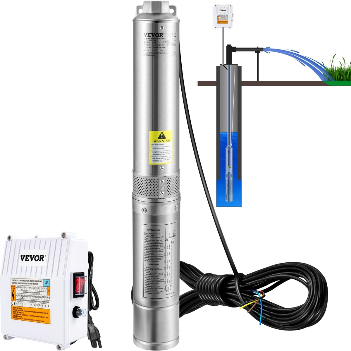 SJQSBWZQDHMC1WNE8V1 Deep Well Submersible Pump, 1.5 HP 115V&60Hz, 37gpm 276 ft. Head, with 33 ft. Cord & External Control Box -  Vevor