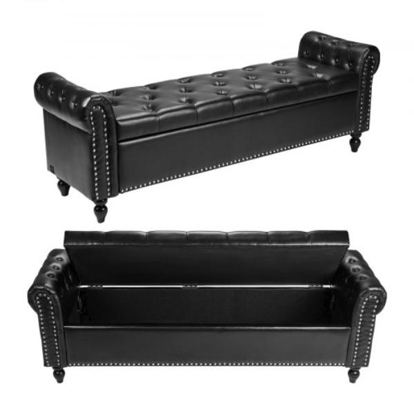 PZWSZYXTK617Z1AHA001V0 Button-Tufted Storage Ottoman Bench - Rolled Arm PU Leather - Black - Modern Shoe Benches Seat for Living Room - Dining Room