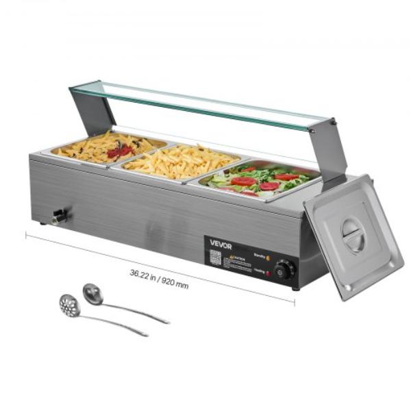 Picture of Vevor SYSPBWQ312FSFY1YS002V1 Commercial Food Warmer - 1500W Electric Stainless Steel Steam Food Warmer with Glass Cover - 3-Pan Countertop Buffet Bain Marie for Catering - Restaurant & Party