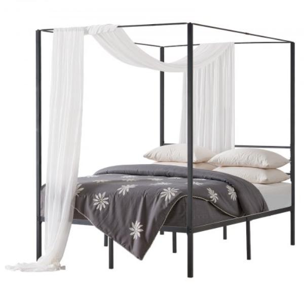 HGCJSFGFULLHSXSHO001V0 Full Size Black Metal Canopy Bed Frame - Heavy Duty Steel Slats Support - Underbed Storage Space - Easy Assembly