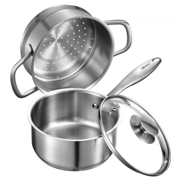 Picture of Vevor BXGJG15QTDZLBUF9H001V0 1.5 qt. Stainless Steel Saucepan with Steamer - Glass Lid - Nonstick - Ergonomic Handle - Oven - Dishwasher - Induction Cooker