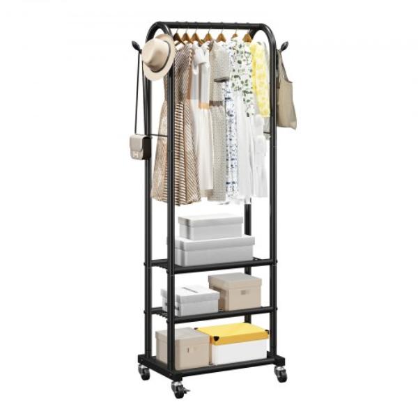 Clothes Rack - Rolling Clothing Garment Rack with Hanging Rod & Side Hooks - 3 Storage Shelves - Heavy Duty Carbon Steel - 99 lbs
