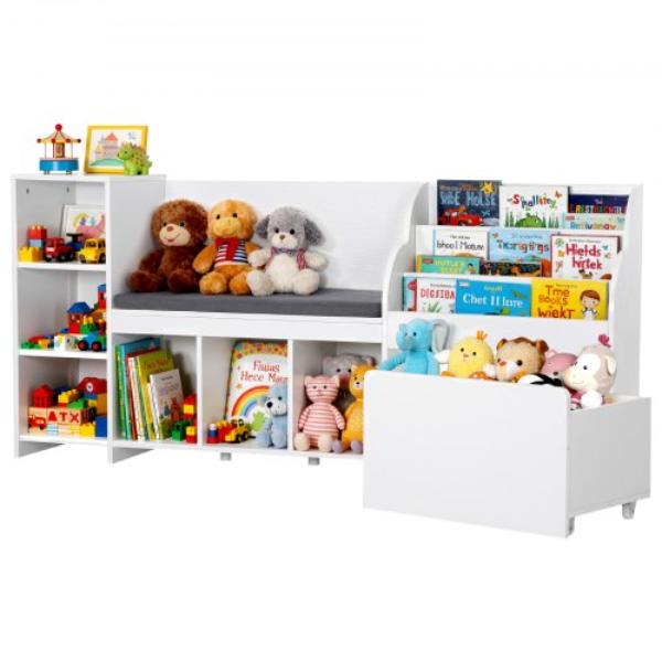 Kids Reading Nook - Wooden Storage Bench with Backrest - Kids Bookshelf & Toy Organizer - Large Toy Box Chest - White - 66.9 x 15.8 x 31.5 in.