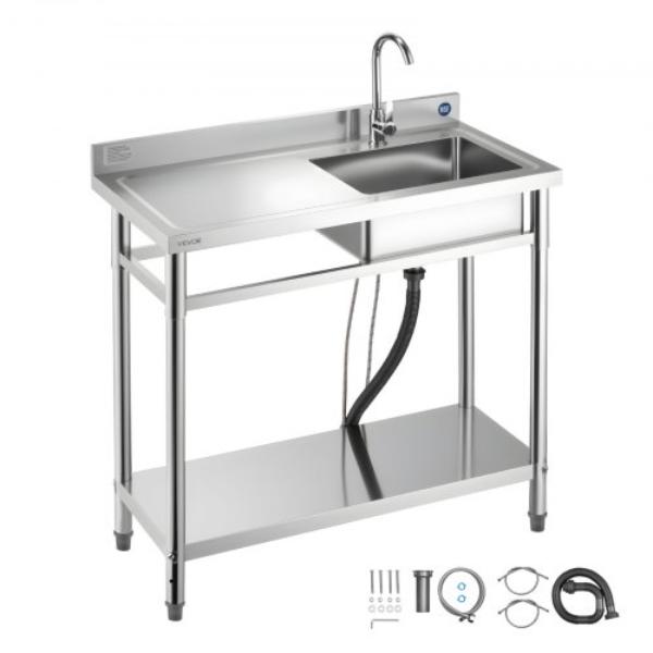 Picture of Vevor DSCDGZT100CMVXEJ1001V0 Stainless Steel Utility Sink - Free Standing Single Bowl Commercial Kitchen Sink with Faucet - 39.4 x 19.7 x 37 in. - Utility Left Basin with Hot & Cold Water Pipe