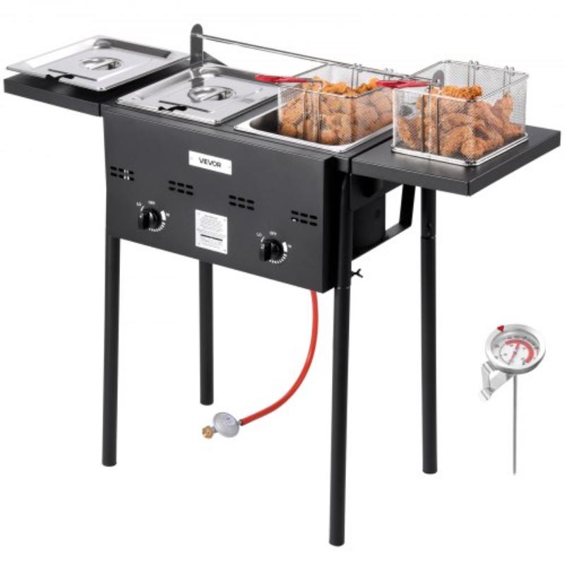 Picture of Vevor LSRQZG18LGXS2LLP3001V0 Outdoor Propane Deep Fryer - Dual-Tank 8QTx2 Commercial Fryer - Stainless Steel Cooker with Foldable Platform - Dual Basket & Heat Adjustment