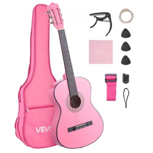 38 in. Pink Wood Classical Guitar Starter Kit - Nylon Strings - Gig Bag - Strap - Tuner - Extra Strings - Picks - Capo - Basswood