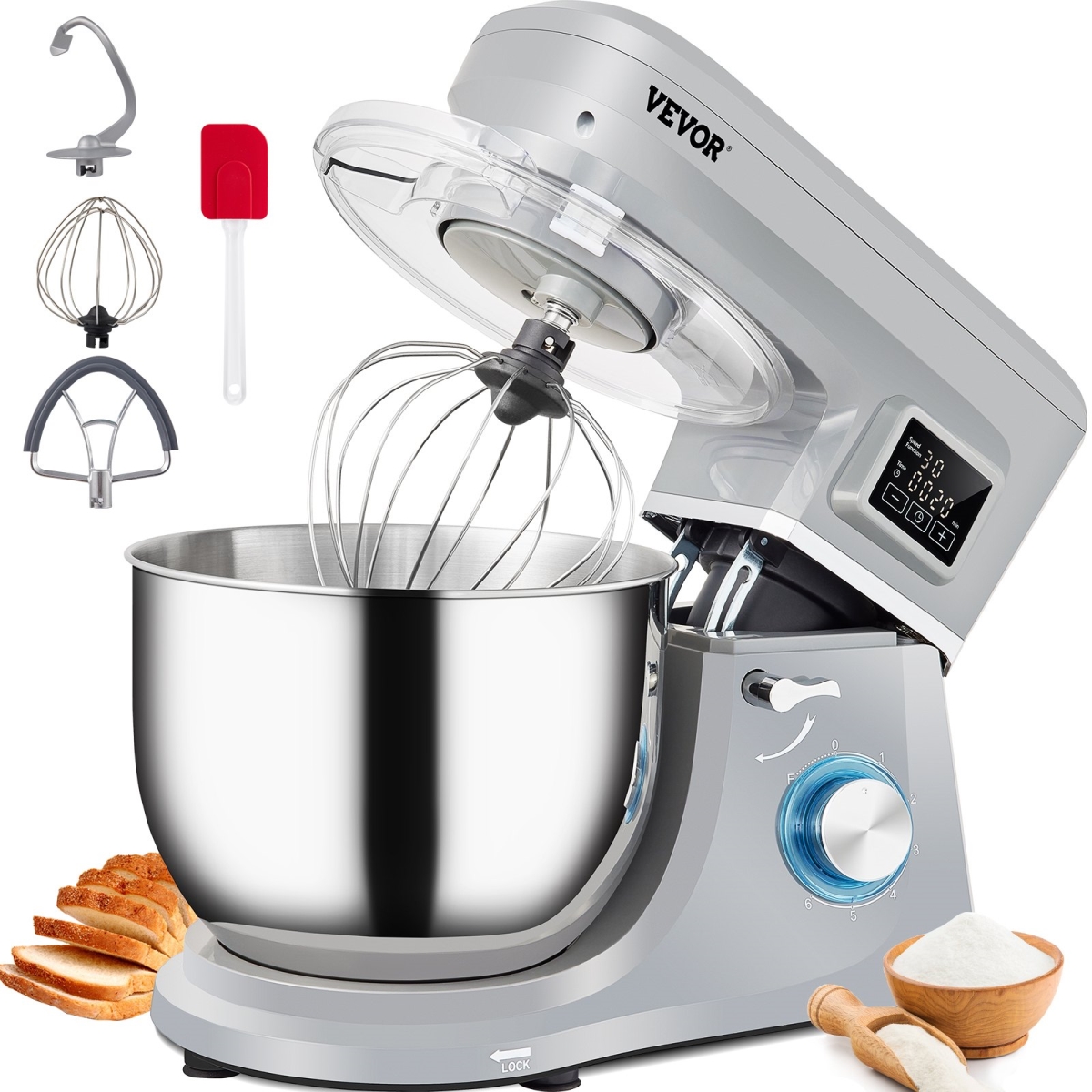Picture of Vevor ZRLLSJBJHHDFJRBTRV1 Stand Mixer&#44; 660W Electric Dough Mixer with 6 Speeds LCD Screen Timing - Gray