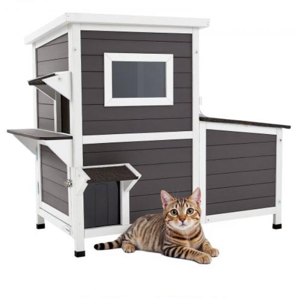 Outdoor Cat House - 2-Story Wooden Cat Shelter for 3 Outside Cats - Elevated Feral Kitty Shelter with Stairs - Waterproof Cats Condos for Garden