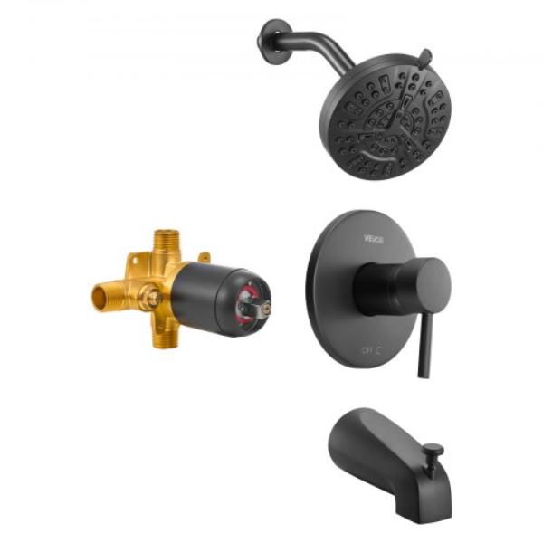 Tub & Shower Faucet Set - 5 in. Rainfall Shower Head - Bathtub Spout - 8-Setting Adjustable Spray - Single-Handle Tub Trim Kit - Matte Black